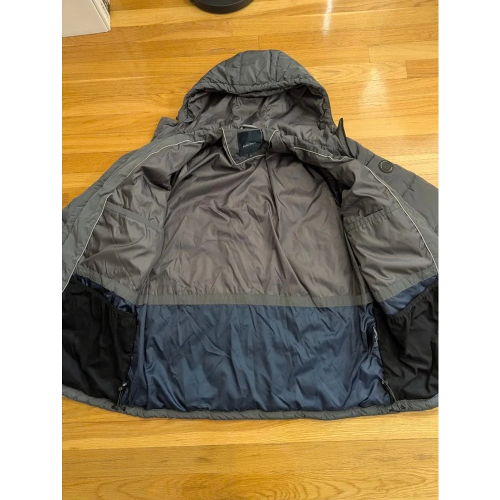 Nautica Grey Quilted Hooded Puffer Jacket Large